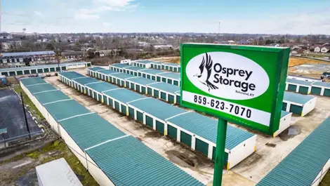 Aerial view of rows of storage units at Osprey Storage Richmond facility with signage.