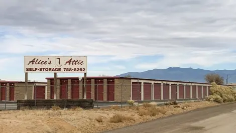 Outdoor street view of Alice's Attic Self Storage facility.