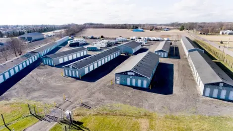 Aerial view of Discount Mini Storage buildings.