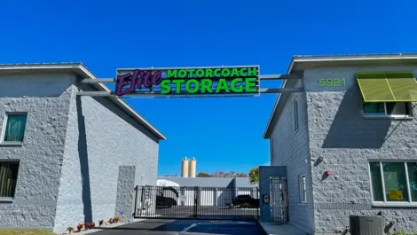 Exterior of signage at Elite Motorcoach Storage.