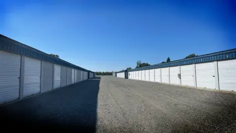 Exterior of rows of storage units at Greenwood Mini Storage.