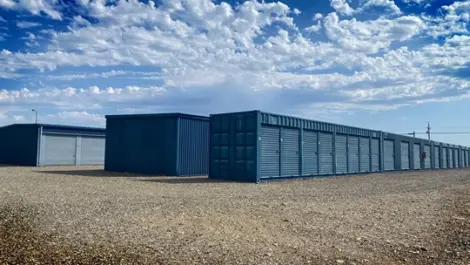 Exterior of container storage units at Greenwood Mini Storage.