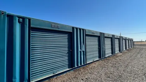 Exterior of container storage units at Greenwood Mini Storage.