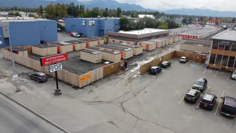 Aerial view of International Self Storage unit buildings and permanent signage
