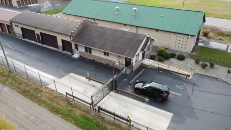 Aerial view of Lambertville Mini Storage Lewis facility gated entrance.