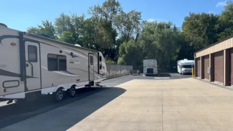 Exterior of storage units and RV parking at Lambertville Mini Storage Lewis facility.