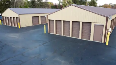 Clean, paved roads with storage units at Lambertville Mini Storage Secor.