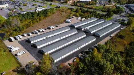 Aerial view of rows of storage units at Osprey Storage Shaver