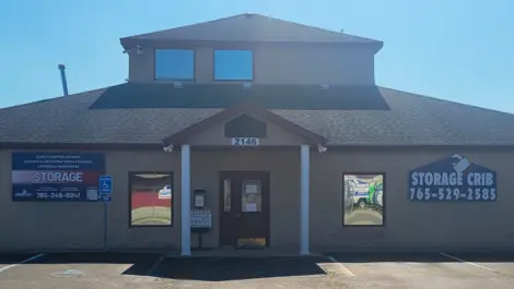 Covered entryway and building facade at Storage Crib.