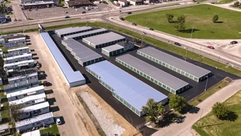 Aerial view of Wagner Ford Self Storage rows of units.