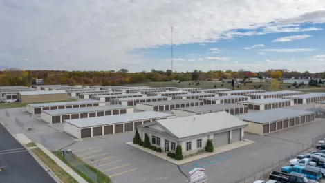 Clean facility grounds and drive-up unit rows at Osprey Storage Mankato.