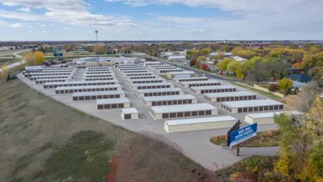 Side view of drive-up units and paved lanes at Osprey Storage Mankato.