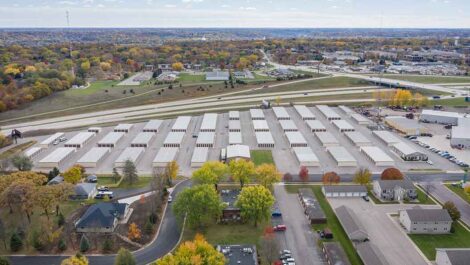 Drive-up storage units with roll-up doors and paved lanes at Osprey Storage Mankato.
