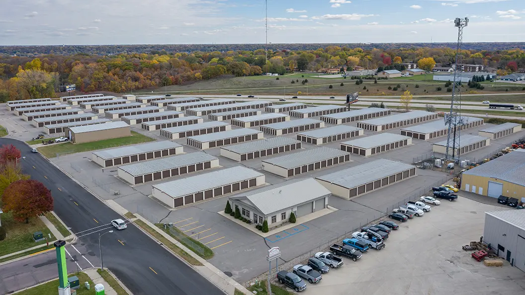 Drive-up storage units with roll-up doors and paved lanes at Osprey Storage Mankato.