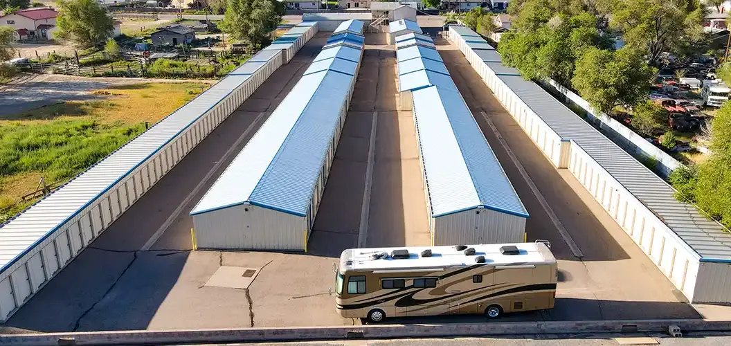 Aerial view of Osprey Storage Thatcher facility with parked RV.